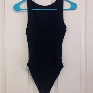 Plunging neck rib-knit tank bodysuit